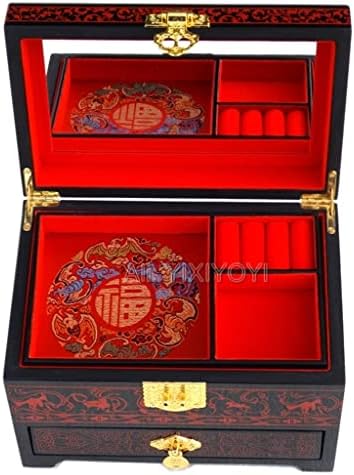 Adkhf Кинески 3 Слој Дрво Складирање Змеј Феникс Накит Кутија Со Огледало Свадба Bangle Накит (Боја : А, Големина