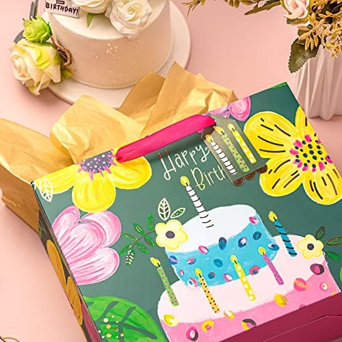 Мајплус 12,5 Голема Торба За Подароци Со Ткивна Хартија За Роденден - Зелена Цветна Со Торта