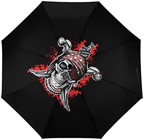 Црн Пиратски Череп Патување Чадор Издржлив Ветроупорен Преклопен Чадор За Дожд Пренослив Чадор Автоматско Отворање И Затворање