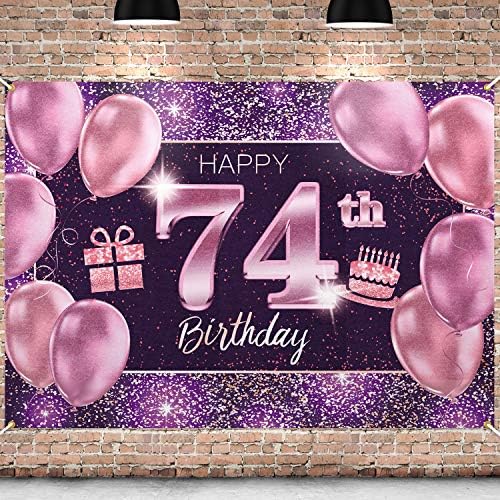 Pakboom Среќен 74 -ти роденден Банер за позадина - 74 ДЕЦЕРАЦИИ ЗА ПАРТИРАЕ НА ПАРТИИ ЗА WЕНИ - Пинк Виолетово злато 4 x 6ft