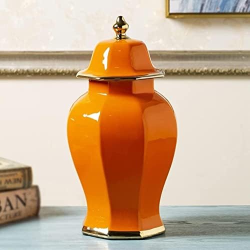 CNPRAZ портокалова керамичка вазна тегли од ѓумбир со капак за домашен декор, модерна декорација на сушена цветна вазна за дневна