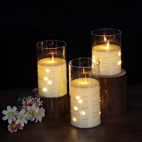 Artmarry Flickering Flamless Candles со жичани светла, свеќи управувани со батерии, вградени стринг светла LED свеќи, нераскинливи