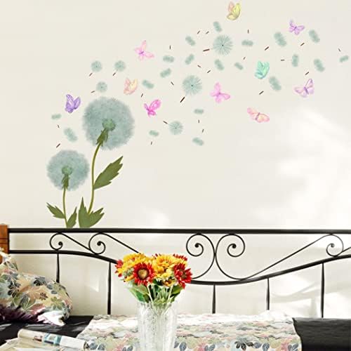 Глуварче wallидни решенија со шарени пеперутки налепници на wallидни украси, налепници за цвеќиња на pvидни уметнички цвеќиња, додајте боја за