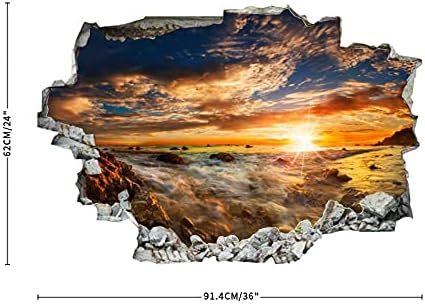САД на крајбрежјето изгрејсонце и зајдисонце камења со предели на небото, skyид Декл пејзаж 3Д пробивање на wallидот налепница
