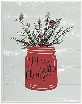 Stuple Industries Red Merry Christmas Country Jar Winter Holly Pine Wall Plaque, 10 x 15, сина