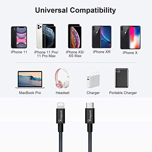 OMTHIT COMPATIONLE USB-C до молња Порт Ајфон Кабел за полнење на iPhone, кабел за напојување со брзо полнење C за уреди за iPhone, официјален овластен,