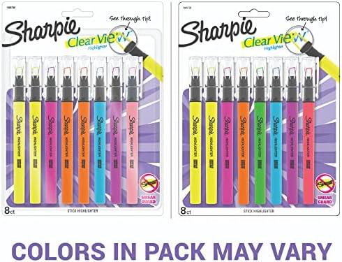 Sharpie® Clear View® Стап Хајлајтери, Врвот На Длето, Избрани Бои За Мастило, Пакет Од 8