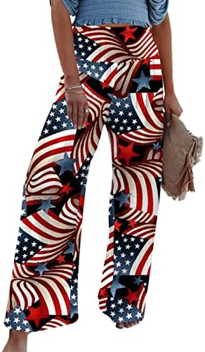 4 -ти јули женски постелнини широки панталони за нозе Американско знаме еластично руширани високи половини со широки нозе со џебови