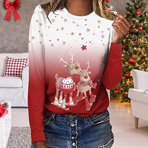 Женски Божиќни туники врвови мода 2023 година Нова Година со долги ракави со екипаж џемпери Снегулка ирваси печати џемпери