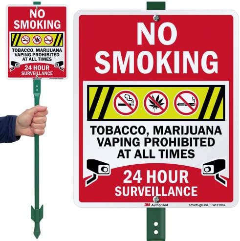 SmartSign 12 x 10 инчи „Без пушење - тутун, марихуана, забрането знак“ со знак на двор со 3 стапки, 40 мил. Алуминиум, 3М ламинат инженер за рефлективен материјал, повеќебојни,