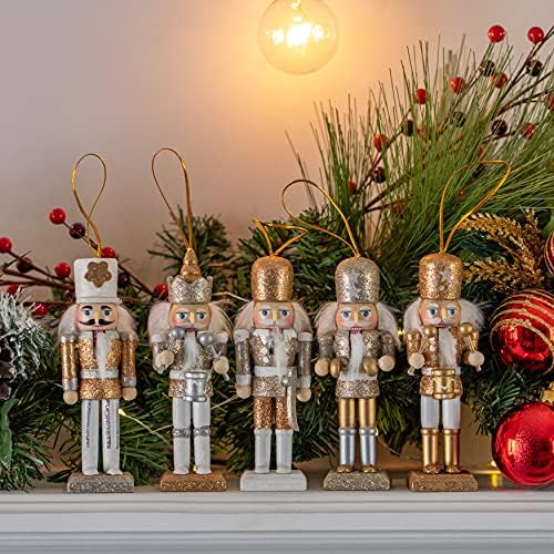 Орнатива за оревчести висечки фигури на украси - злато и сребро блескави Божиќни мини дрвени крал и војници на оревчери за оревчери