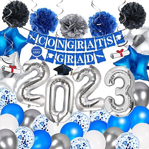 Marforever 2023 Декорации за дипломирање на забави сини и сребрени - 40 инчи сребро 2023 балони хартија помпоми конфети балони