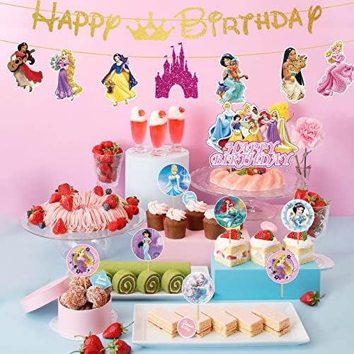34 парчиња цртан филм принцеза среќен роденден банер виси вртења торта торта за деца роденденски украси за девојчиња роденденска забава бебешки