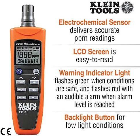 Klein Tools ET110 CO метар со ограничување на граничен аларм, 4 x AAA батерии и носат торбичка вклучена и општи алатки MMH800 4-во-1