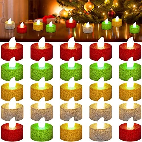36 пакувања Божиќна свеќи сјајни батерии оперирани LED чајни светла треперејќи бездетни лажни свеќи со топло бело за свадбена Божиќна забава, злато, сребро, црвено, з?