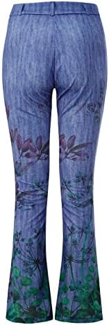 Женски елегантни фармерки со цвеќиња со цветни печати, обични права нога високи панталони, класични тенок фит салон панталони