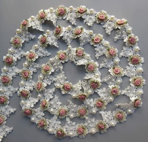 Руоксиски 3 двор DIY за шиење за шиење гроздобер бисер розови цвеќиња везени чипка трим ткаенина цветна апликација чипка лента невестински украси