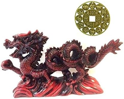 Фенг Шуи Нова статуа на фигурината на црвениот кинески змеј за среќа и успех долга 6 инчи со Зодијак монета Лукки