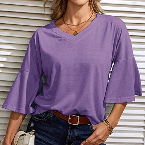 2023 Краток 1/2 bellвоно ракав памучен обичен обичен лабава лабава вклопување опуштена фитла блуза маица за девојки длабоко против вратот на