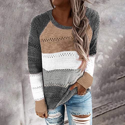 Женски зимски џемпери модни обични крпеници со долги ракави џемпер блуза врвови кабел плетен џемпер