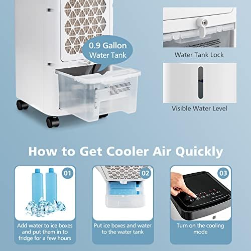Petsite испарувачки ладилник за воздух, вентилатор за ладење на ладен воздух со далечински управувач, 4 режими, 3 брзини, 2 пакувања со мраз,