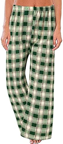 Карирани панталони за пижами за жени обични еластични еластични високи половини лабави лежерни директни широки нозе, влечете ја салон