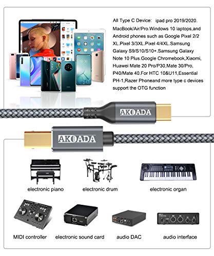 USB C печатач Кабел 15ft, Akoada USB B до USB C кабел компатибилен со MIDI, пијано, MacBook Pro, iPad Pro, HP Canon Printers, Lexmark, Brother,