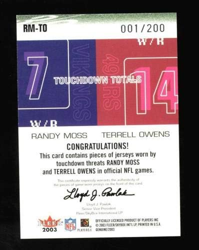 2003 година Флеер ТД закани Терел Овенс Ренди Мос Двојна игра Користена Jerseyерси 001/200 - Фудбалска игра користеше картички