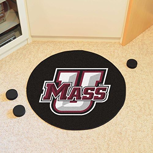 FanMats 19554 Umass Minutemen Hockey Puck во форма на килим - 27in. Дијаметар, дизајн на хокеј пик, килим за акцент на спортски вентилатори