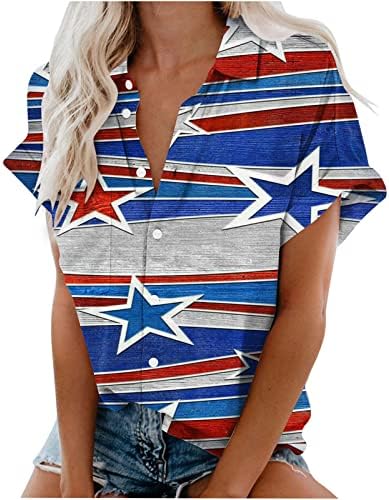 Womenените на 4-ти јули копче надолу кошули Патриоти Патриоти за празничка блуза со валани ракави со ракави печатени врвови на американско знаме