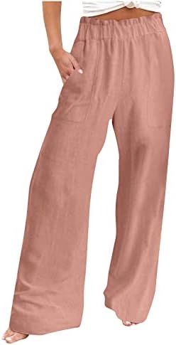 Rbculf жени широки панталони за нозе плус мода со цврста боја памучна постелнина удобна џогагер јога џемпент со висока половината спортска