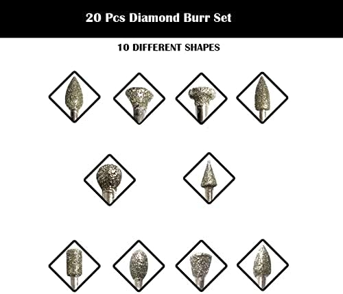 20 парчиња дијамантски бур со дијаманти со 10 парчиња дијамантски битови на цилиндри, 60 решетки 1/8 Шанк дијамантски обложени меленици за мелење поставени за ротацион