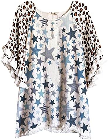 Шарела Кралски сини дами кратки ракави TEES Star Leopard Print Graphic Опуштено вклопени врвни маички Vneck Fringe Fairy Tassel летни есенски маички м