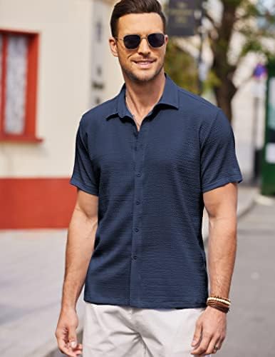 Коофанди маж -случајно копче за кратки ракави со кратки ракави со текстурална летна кошула на плажа