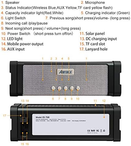 Abfoce Solar Bluetooth звучник, IPX7 Водоотпорен звучник 20W богат бас, со 27 LEDOS Lights TWS безжичен звучник Bluetooth Portable, 5000mAh Power Bank, MIC, TF картичка, за домашен двор од туш дома