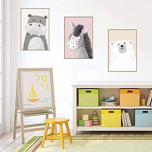 3 парчиња симпатична цртан филм животински wallид уметност за деца, смешна мечка хипо сликање слики игро соби за расадник училница бебе спална соба