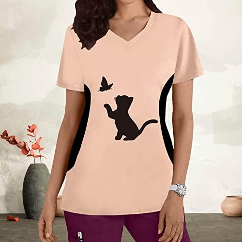 Жени технички панталони женски плус големина врвот V вратот кратки ракави мачки отпечатоци маица блуза графички маици за