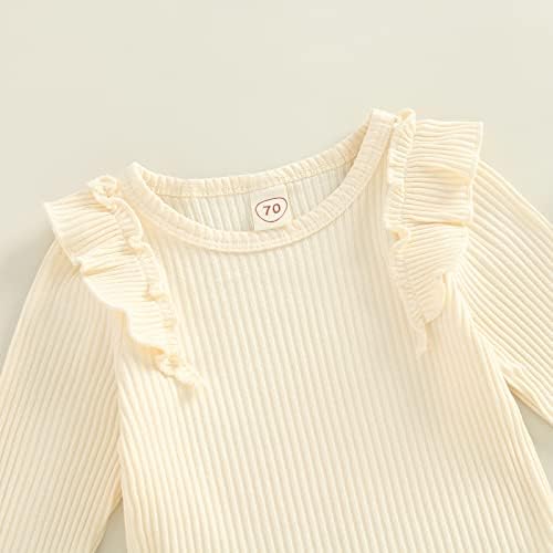 Новорова девојка есенска облека Руфла со долги ракави со ребрести кошула со врвен џеб суспензија кратка ромпер новороденче целосна облека