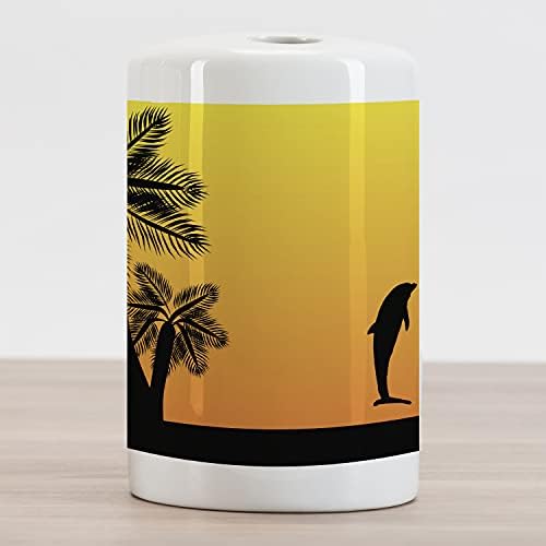 Амбесон летен керамички држач за четки за заби, омбре зајдисонце со делфин и палми егзотична шема на плажа, декоративен разноврсен