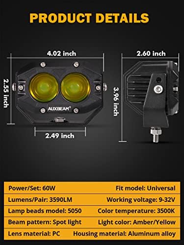 Auxbeam 4 Инчен Килибар Магла Светлина, 60w Квадратни Pod Светло со 5050 LED Жолта Точка Леќа Зрак Надвор Од Патот Возење Светлина Магла