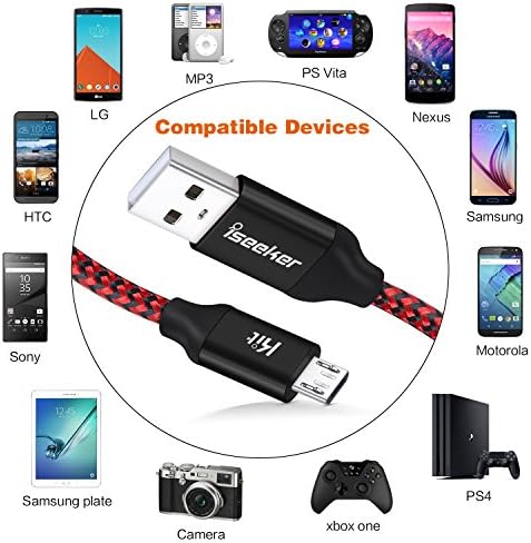 IseekerKit Micro USB кабел 15ft, екстра долги плетенки жици за полнење со андроид, 2pack шарени микро USB до USB 2.0 компатибилен за Android/Windows/PS4/Samsung