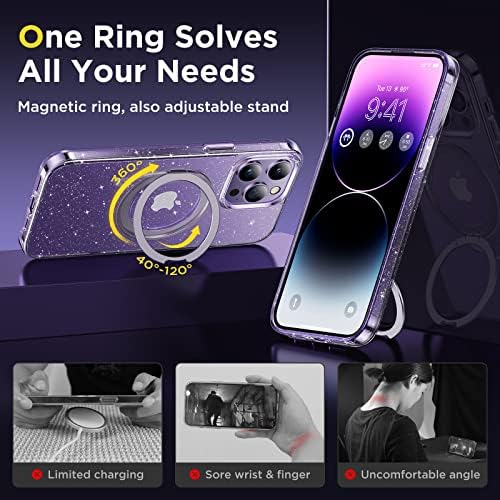 Хунтон за Iphone 14 Pro Max Случај со 360°Ротирачки Магнетски Прстен[Компатибилен Со Magsafe] [Невидлив Kickstand] Јасно Светкаво