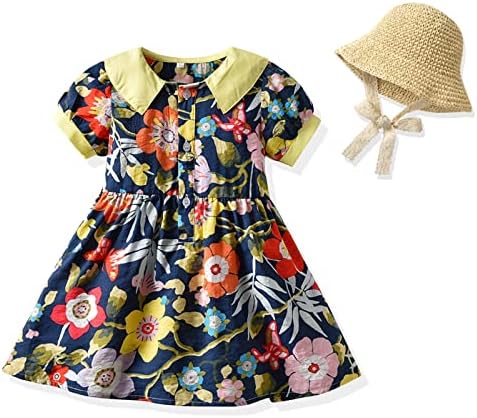 Детско дете бебе девојки пролетно лето цветен памук со краток ракав, принцеза фустан, облечена капа, лето бохо фустани
