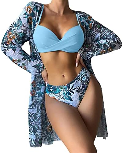 LCEPCY три-парчен костим за капење за жени секси притискање на цвеќиња со цвеќиња од бикини поставува лесна прикриена пливање на плажа блузи