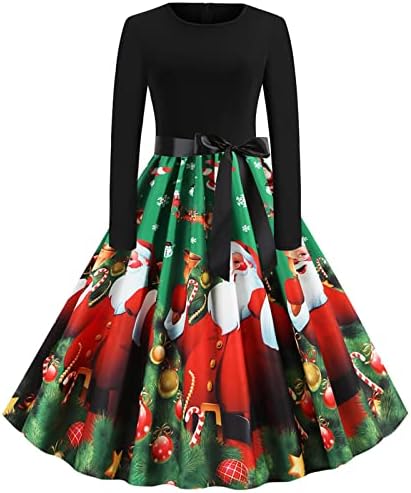 Божиќен долг ракав гроздобер фустани женски Божиќ графички принт миди фустан случајна замав во 1950 -тите години коктел забава фустан