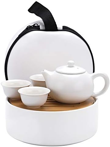 Fanquare Portable Trawing чај сет со тркалезна сад за чај, чаши чајник со три чаши чај, керамички чај кунгфу чај, бел