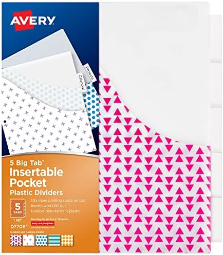 Avery® Big Tab ™ Вметнете пластични делители со џебови, сет од 5-таб, разновидни дизајни