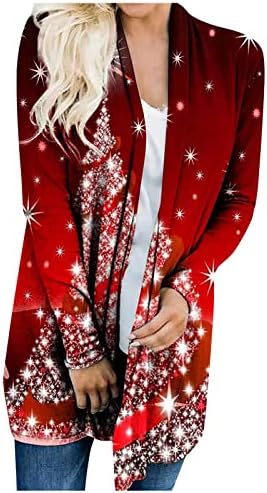 Грдите Божиќни џемпери за жени 2022 плус големина обична мода есен зимски кардиган со долг ракав отворен фронт, смешни Божиќни кошули,
