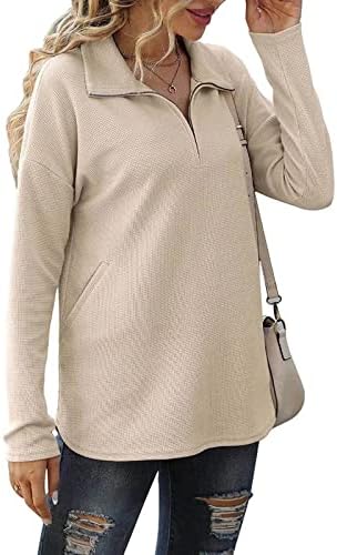 КУАИЛЕЈА КВАРД ЗА ПОВЕЕ ПУЛОВЕР Womenените жени четвртина патент џемпер со долги ракави со преголем преграден плетен пулвер