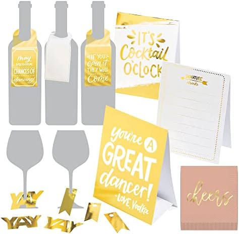 Комплет за украси за коктел - Златните мимоза и бренд забава со етикети, картички за шатори, ознаки за шишиња и салфетки за пијалоци